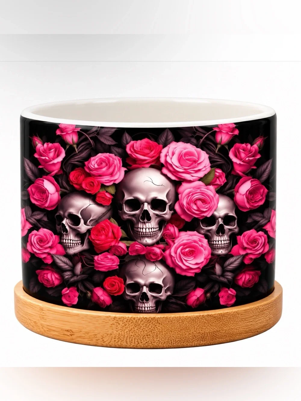 Skull & Pink Rose Decorative Planter - NIB